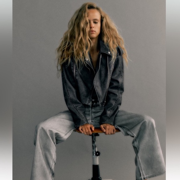 Zara Worn Effect Faux Leather Cropped Biker Moto Jacket Gray S - Picture 2 of 15